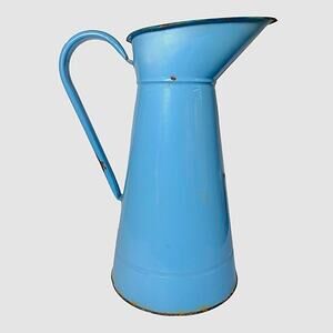Vintage French Blue Enameled Pitcher Large Metal Wash Jug Primitive Enamelware
